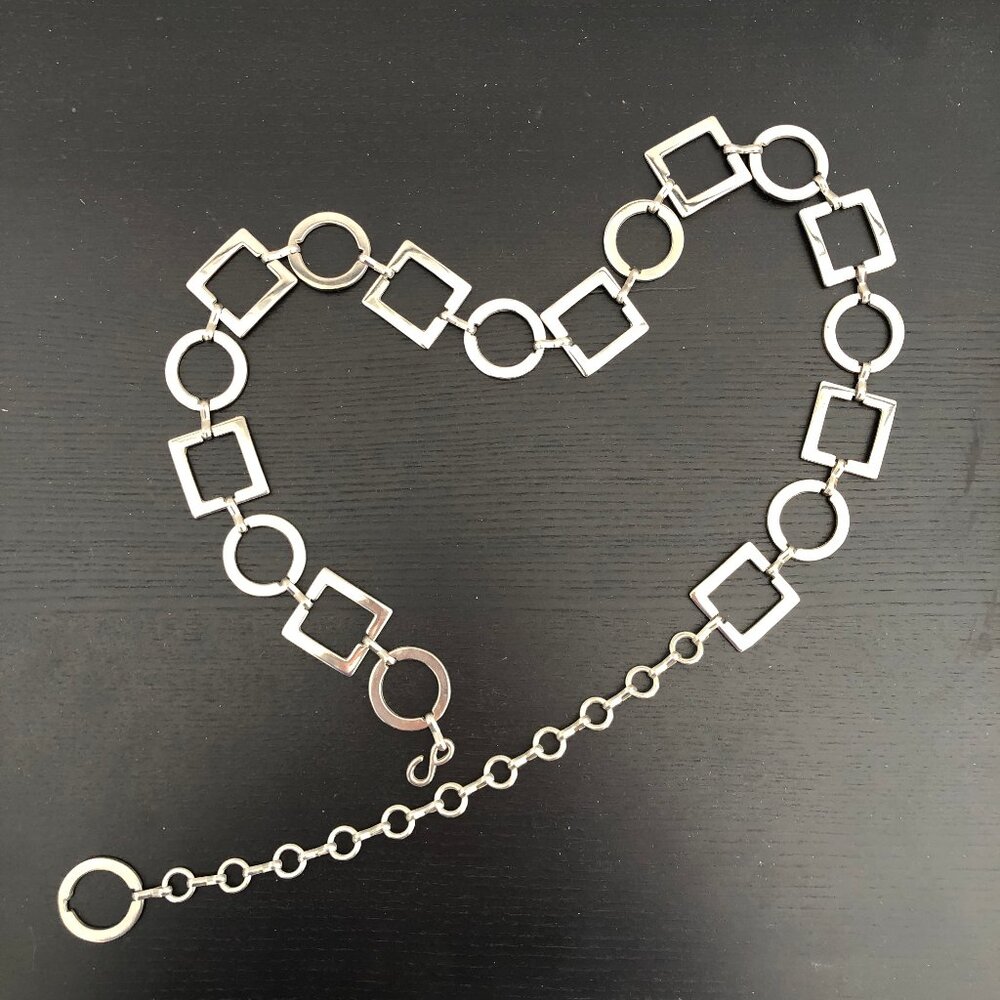 Silver Colored Metal Chain Belt with Squares and Circles, 44 inches long